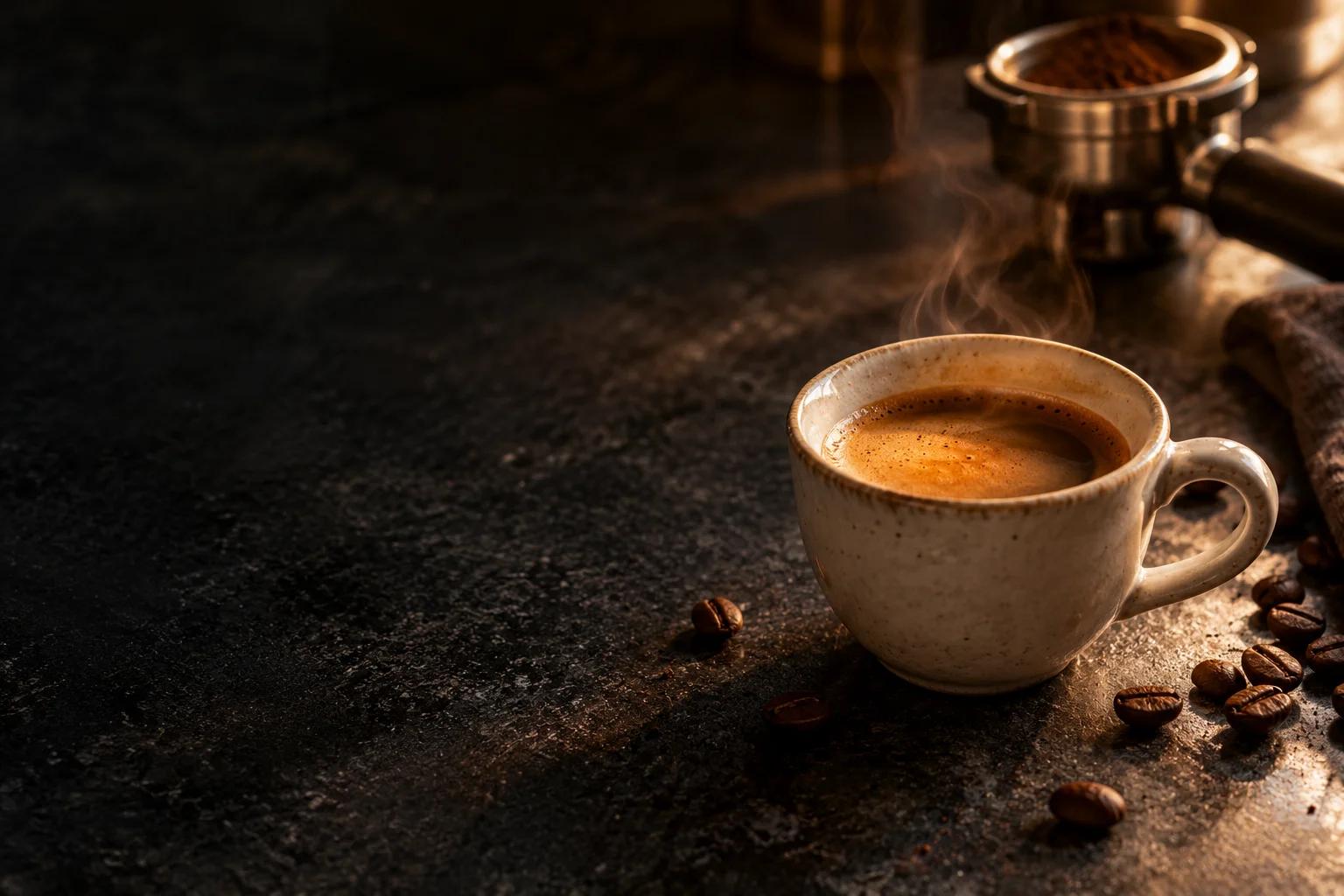 Taza de espresso con crema sobre una encimera oscura
